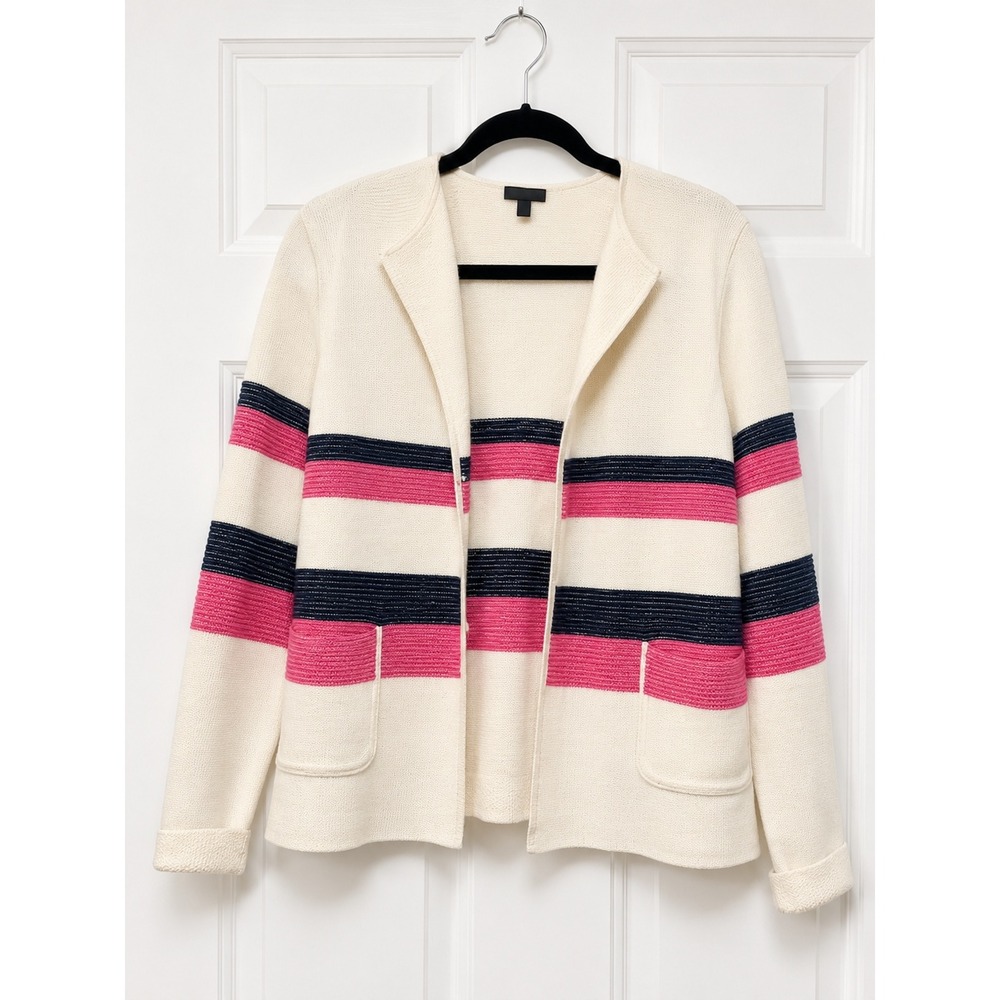 Talbots Cream Striped Cardigan Sweater Navy Pink Hook Eye Knit Blazer Womens L